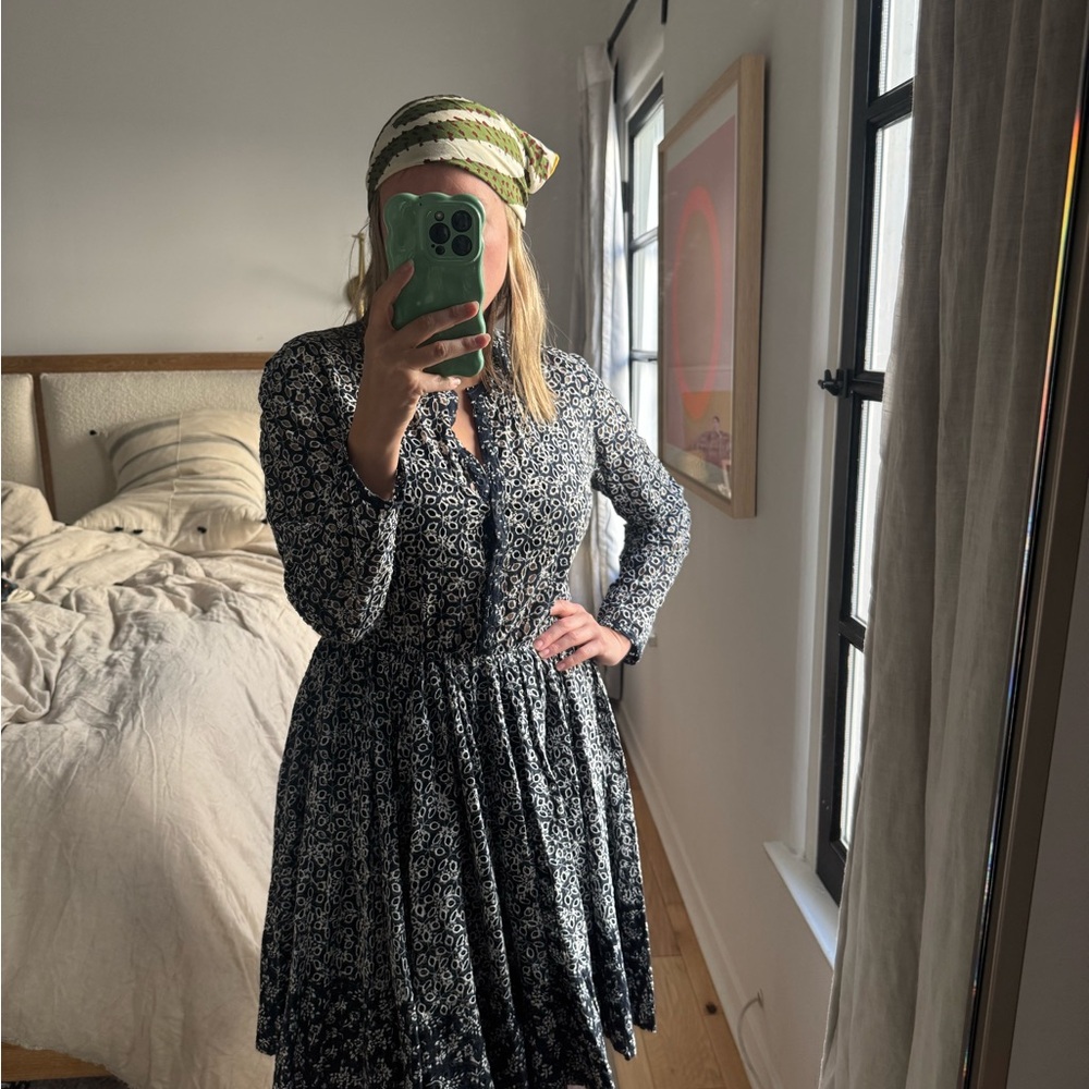 Maje Navy and White Floral Eyelet Long Sleeve Dress